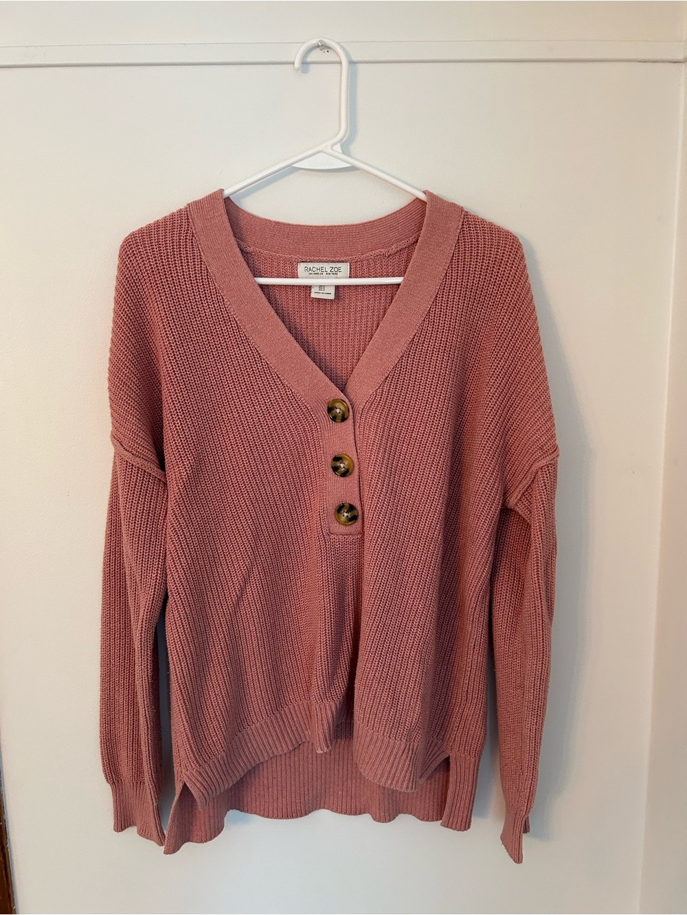 Rachel Zoe Pink Button-Front V-Neck Sweater